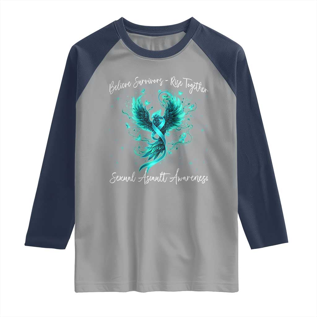 Sexual Assault Awareness Raglan Shirt Phoenix Bird Reborn Rising Born Again Firebird Teal Ribbon TS10 Sport Gray Navy Print Your Wear