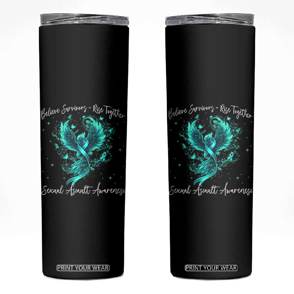 Sexual Assault Awareness Skinny Tumbler Phoenix Bird Reborn Rising Born Again Firebird Teal Ribbon TS10 Black Print Your Wear