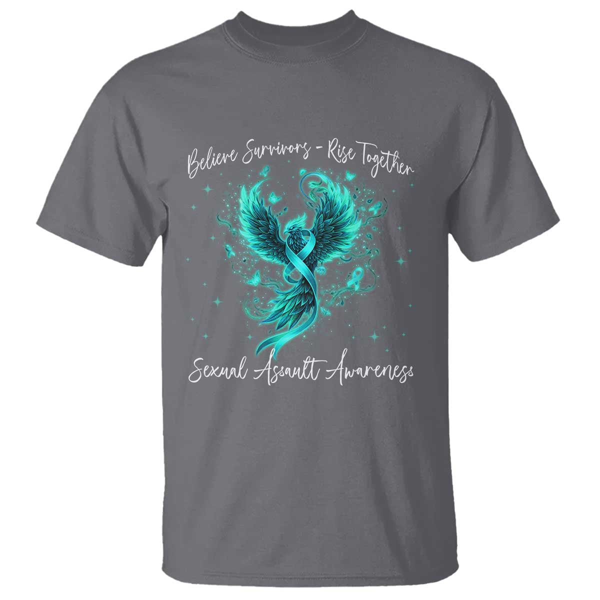 Sexual Assault Awareness T Shirt - Phoenix Bird Reborn Rising Firebird Teal Ribbon Awareness Tee TS10 Charcoal Print Your Wear