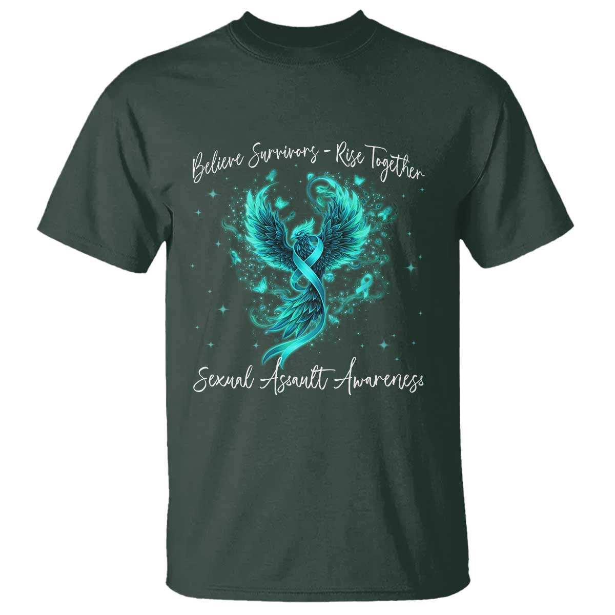 Sexual Assault Awareness T Shirt - Phoenix Bird Reborn Rising Firebird Teal Ribbon Awareness Tee TS10 Dark Forest Green Print Your Wear