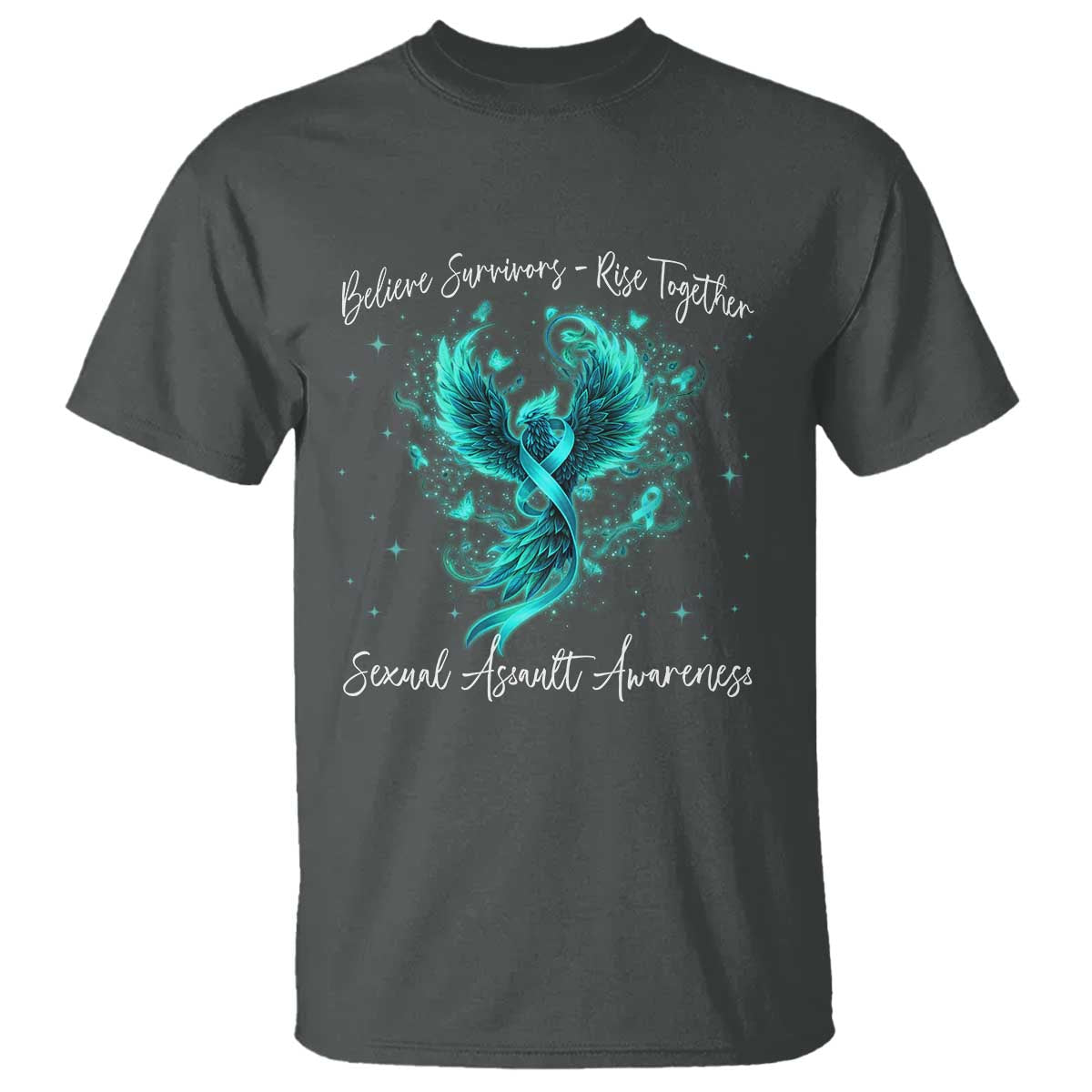 Sexual Assault Awareness T Shirt - Phoenix Bird Reborn Rising Firebird Teal Ribbon Awareness Tee TS10 Dark Heather Print Your Wear