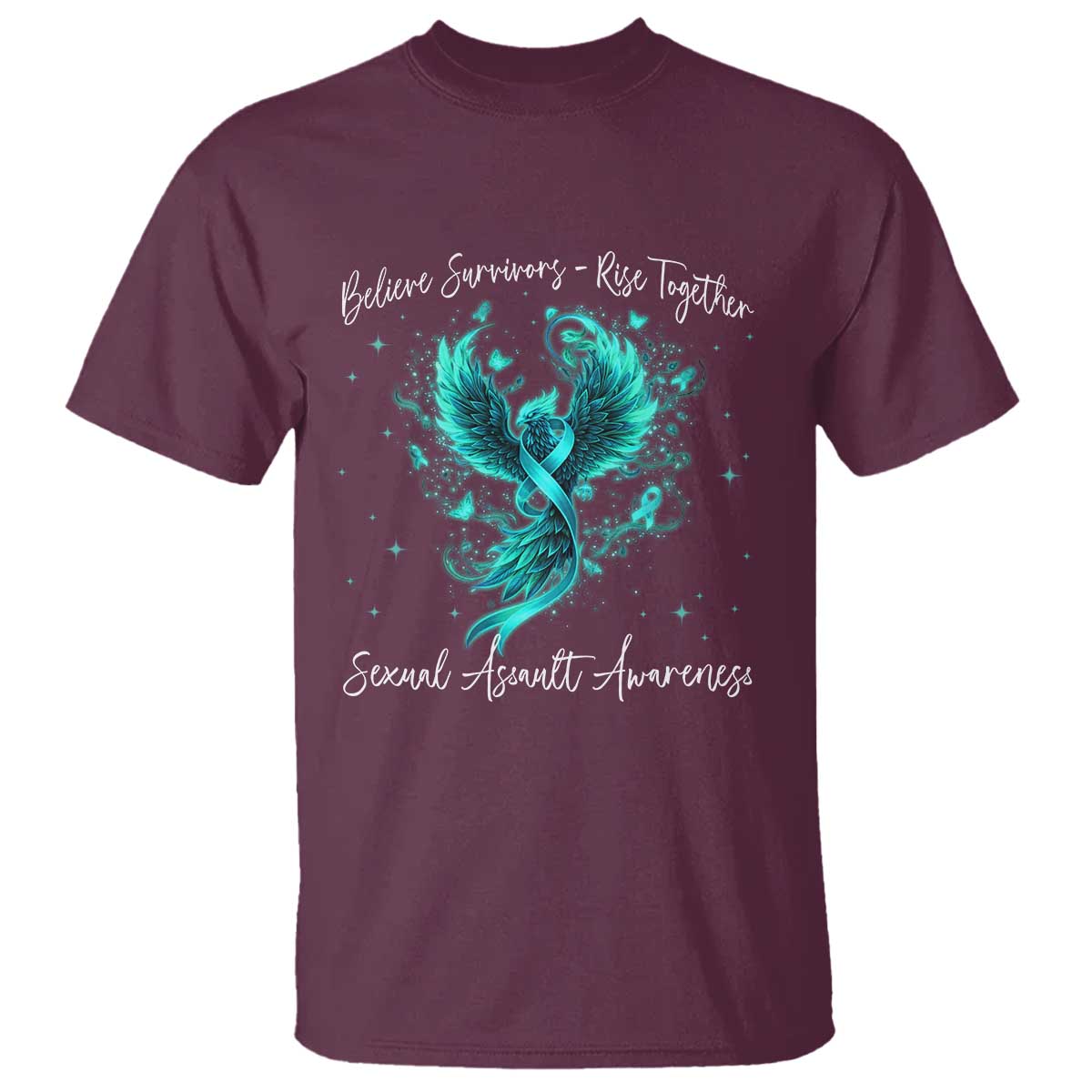 Sexual Assault Awareness T Shirt - Phoenix Bird Reborn Rising Firebird Teal Ribbon Awareness Tee TS10 Maroon Print Your Wear