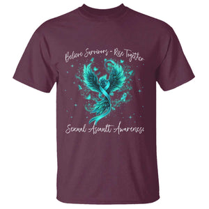 Sexual Assault Awareness T Shirt - Phoenix Bird Reborn Rising Firebird Teal Ribbon Awareness Tee TS10 Maroon Print Your Wear