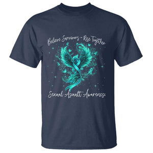 Sexual Assault Awareness T Shirt - Phoenix Bird Reborn Rising Firebird Teal Ribbon Awareness Tee TS10 Navy Print Your Wear