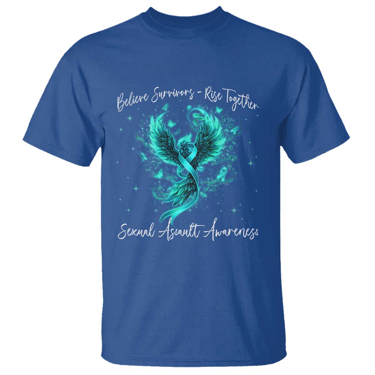 Sexual Assault Awareness T Shirt - Phoenix Bird Reborn Rising Firebird Teal Ribbon Awareness Tee TS10 Royal Blue Print Your Wear