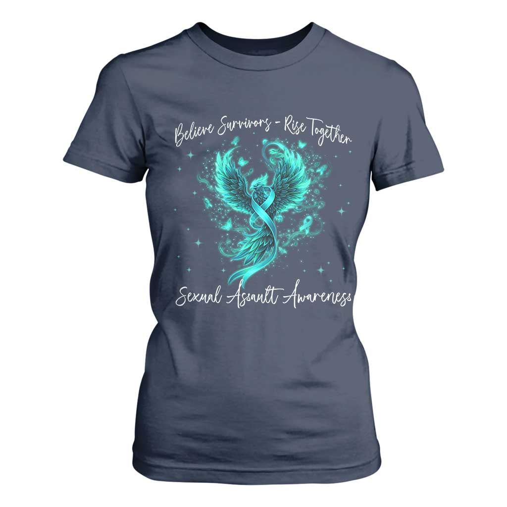Sexual Assault Awareness T Shirt For Women Phoenix Bird Reborn Rising Born Again Firebird Teal Ribbon TS10 Navy Print Your Wear