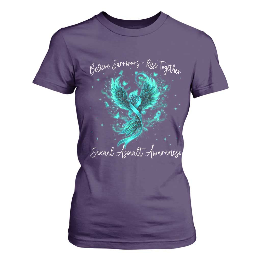 Sexual Assault Awareness T Shirt For Women Phoenix Bird Reborn Rising Born Again Firebird Teal Ribbon TS10 Purple Print Your Wear