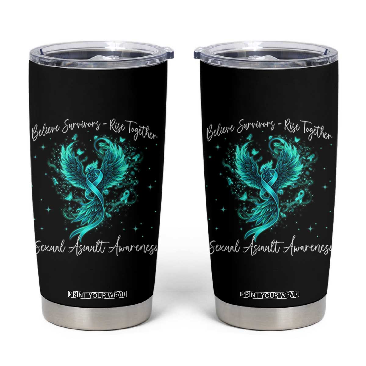 Sexual Assault Awareness Tumbler Cup Phoenix Bird Reborn Rising Born Again Firebird Teal Ribbon TS10 Black Print Your Wear