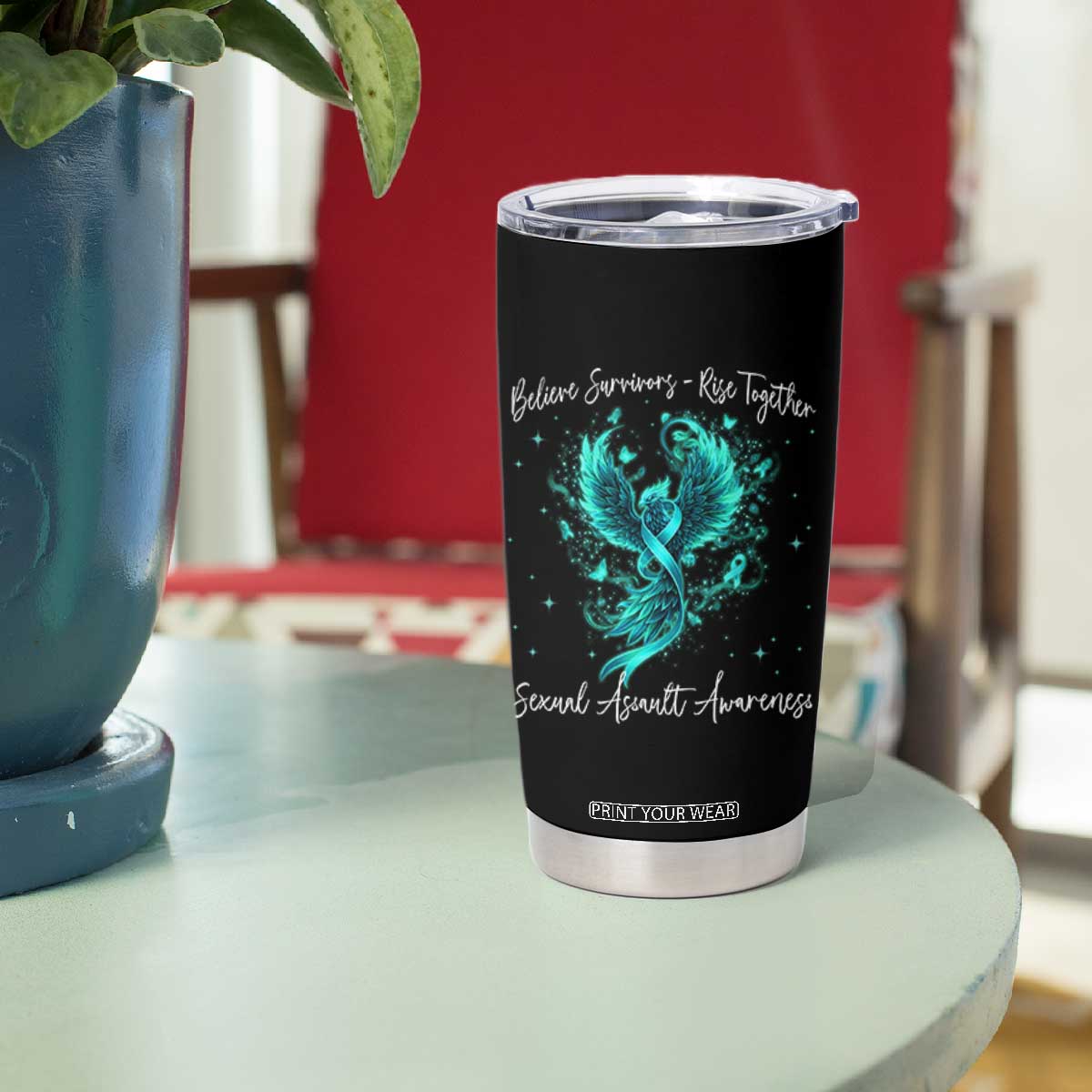 Sexual Assault Awareness Tumbler Cup Phoenix Bird Reborn Rising Born Again Firebird Teal Ribbon TS10 Print Your Wear