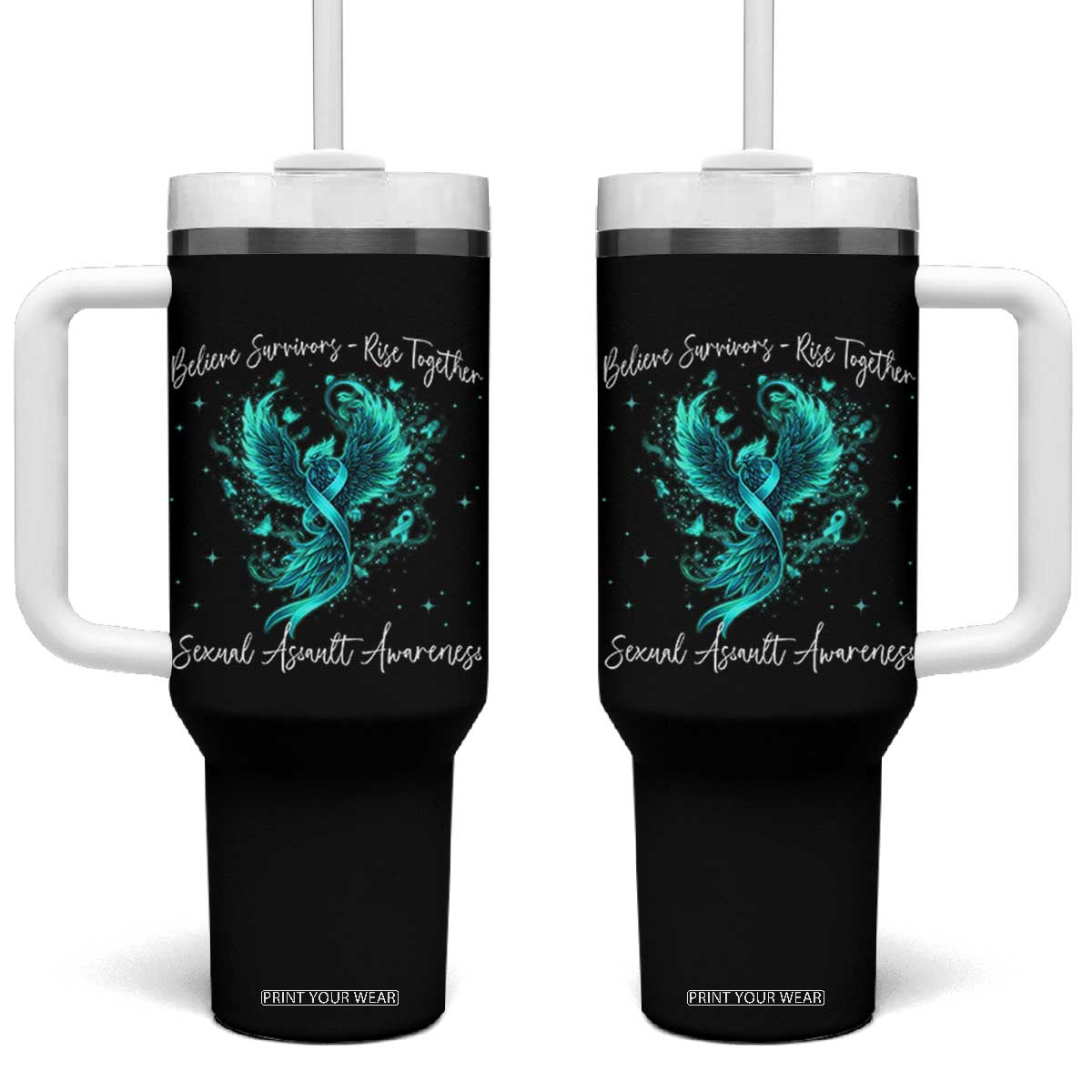 Sexual Assault Awareness Tumbler With Handle Phoenix Bird Reborn Rising Born Again Firebird Teal Ribbon TS10 One Size: 40 oz Black Print Your Wear