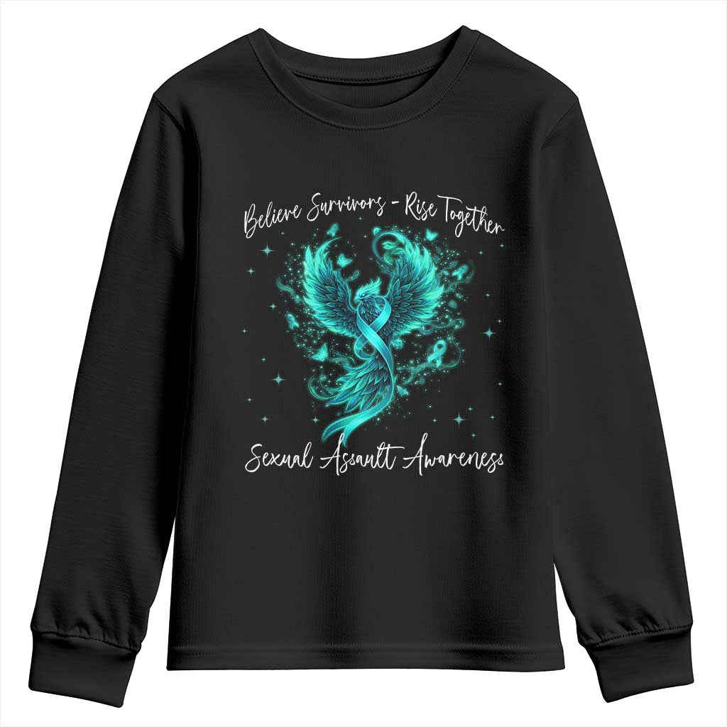Sexual Assault Awareness Youth Sweatshirt Phoenix Bird Reborn Rising Born Again Firebird Teal Ribbon TS10 Black Print Your Wear