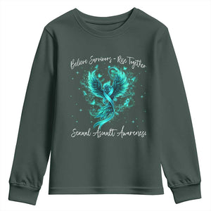 Sexual Assault Awareness Youth Sweatshirt Phoenix Bird Reborn Rising Born Again Firebird Teal Ribbon TS10 Dark Forest Green Print Your Wear