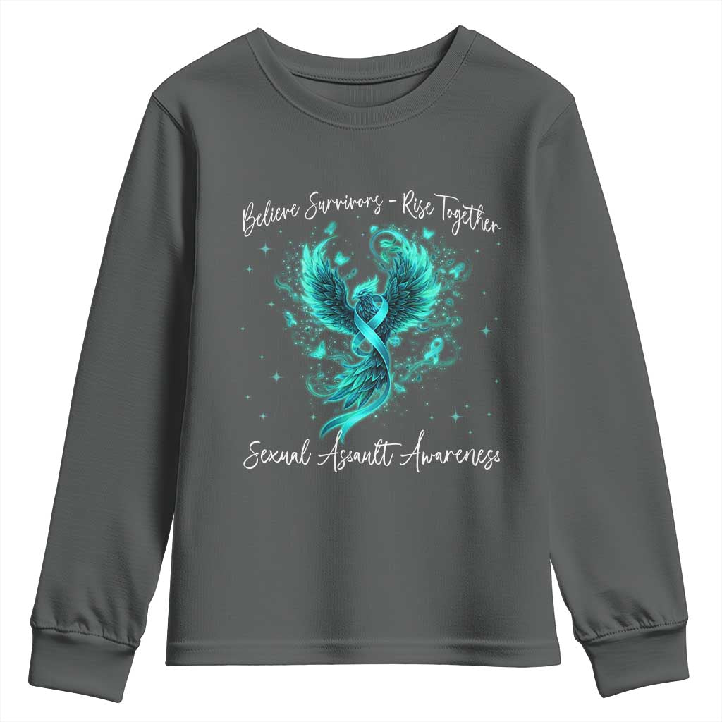 Sexual Assault Awareness Youth Sweatshirt Phoenix Bird Reborn Rising Born Again Firebird Teal Ribbon TS10 Dark Heather Print Your Wear