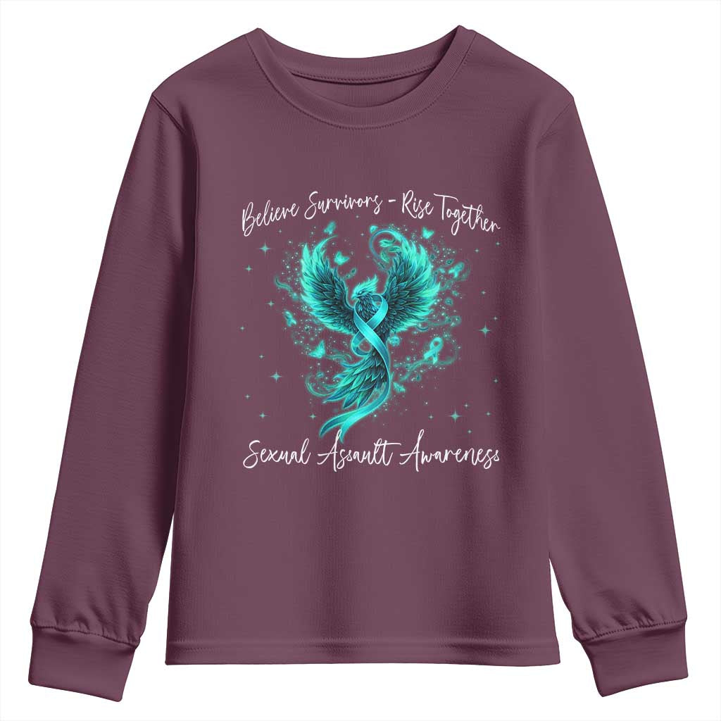 Sexual Assault Awareness Youth Sweatshirt Phoenix Bird Reborn Rising Born Again Firebird Teal Ribbon TS10 Maroon Print Your Wear