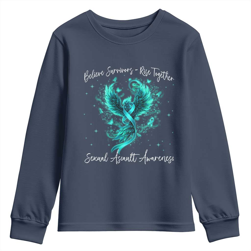 Sexual Assault Awareness Youth Sweatshirt Phoenix Bird Reborn Rising Born Again Firebird Teal Ribbon TS10 Navy Print Your Wear