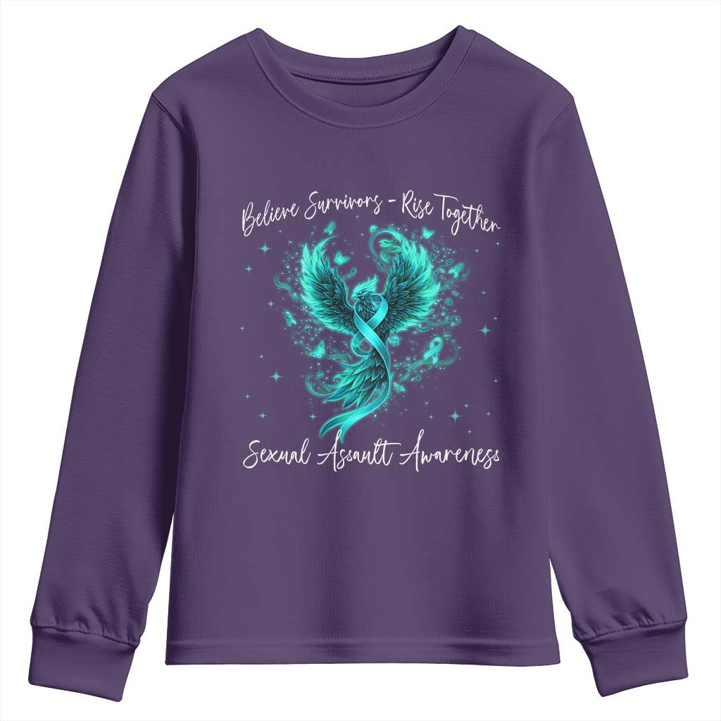 Sexual Assault Awareness Youth Sweatshirt Phoenix Bird Reborn Rising Born Again Firebird Teal Ribbon TS10 Purple Print Your Wear