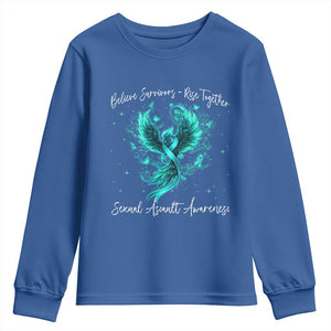 Sexual Assault Awareness Youth Sweatshirt Phoenix Bird Reborn Rising Born Again Firebird Teal Ribbon TS10 Royal Blue Print Your Wear