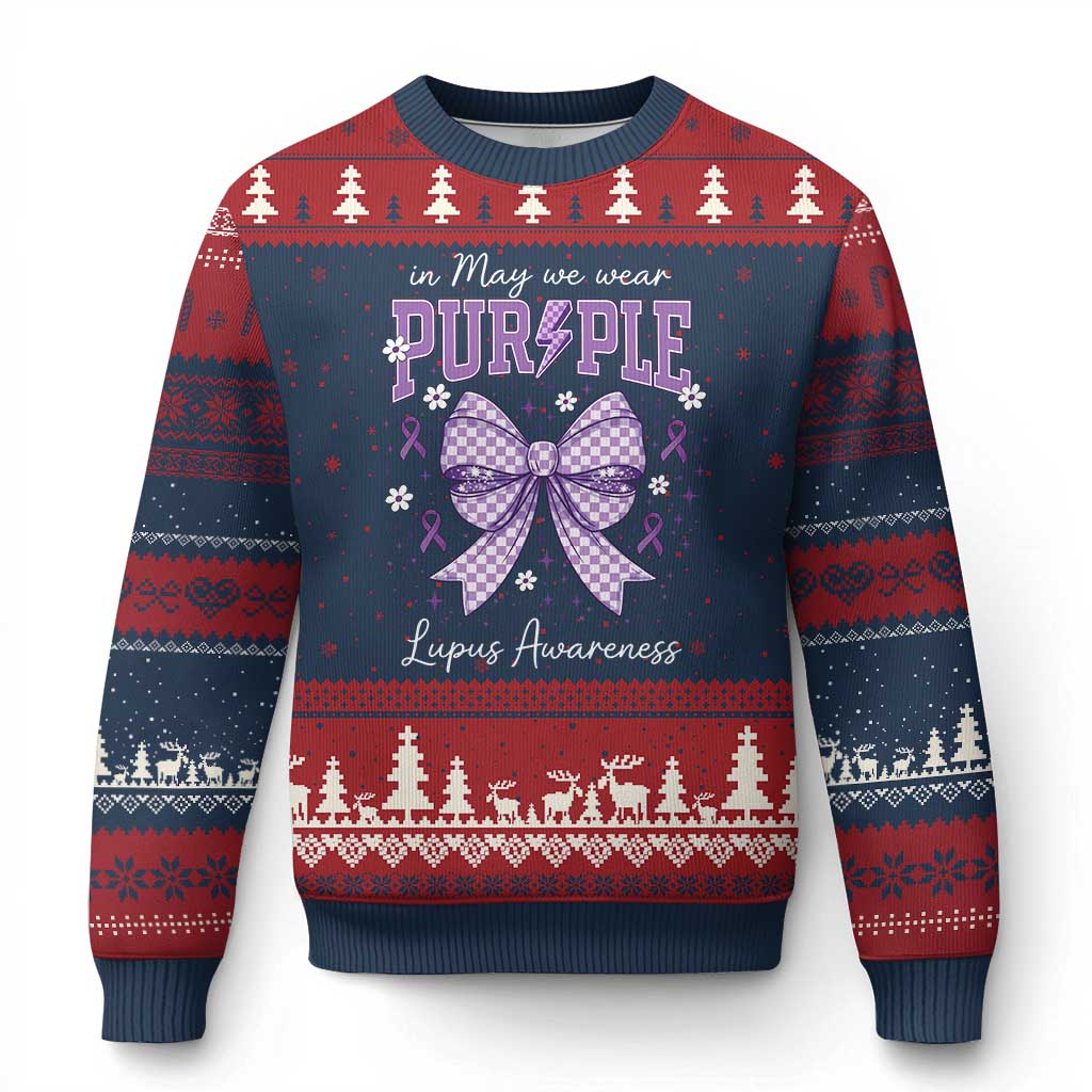 In May We Wear Purple Lupus Awareness Ugly Christmas Sweater Purple Ribbon Coquette Bow TS10 Navy Red Print Your Wear