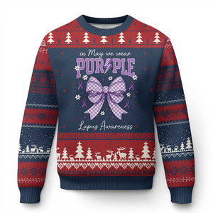 In May We Wear Purple Lupus Awareness Ugly Christmas Sweater Purple Ribbon Coquette Bow TS10 Navy Red Print Your Wear