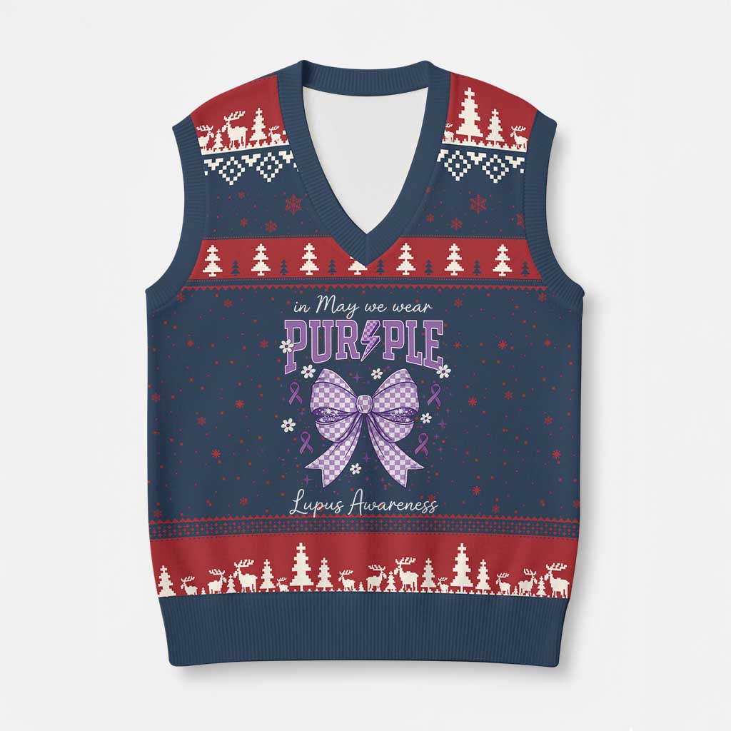 In May We Wear Purple Lupus Awareness V-Neck Knit Sweater Vest Purple Ribbon Coquette Bow TS10 Navy Red Print Your Wear