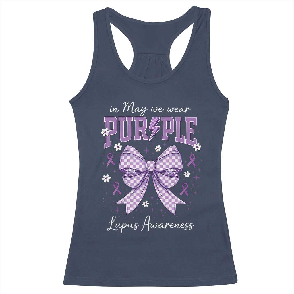 In May We Wear Purple Lupus Awareness Racerback Tank Top Purple Ribbon Coquette Bow TS10 Navy Print Your Wear