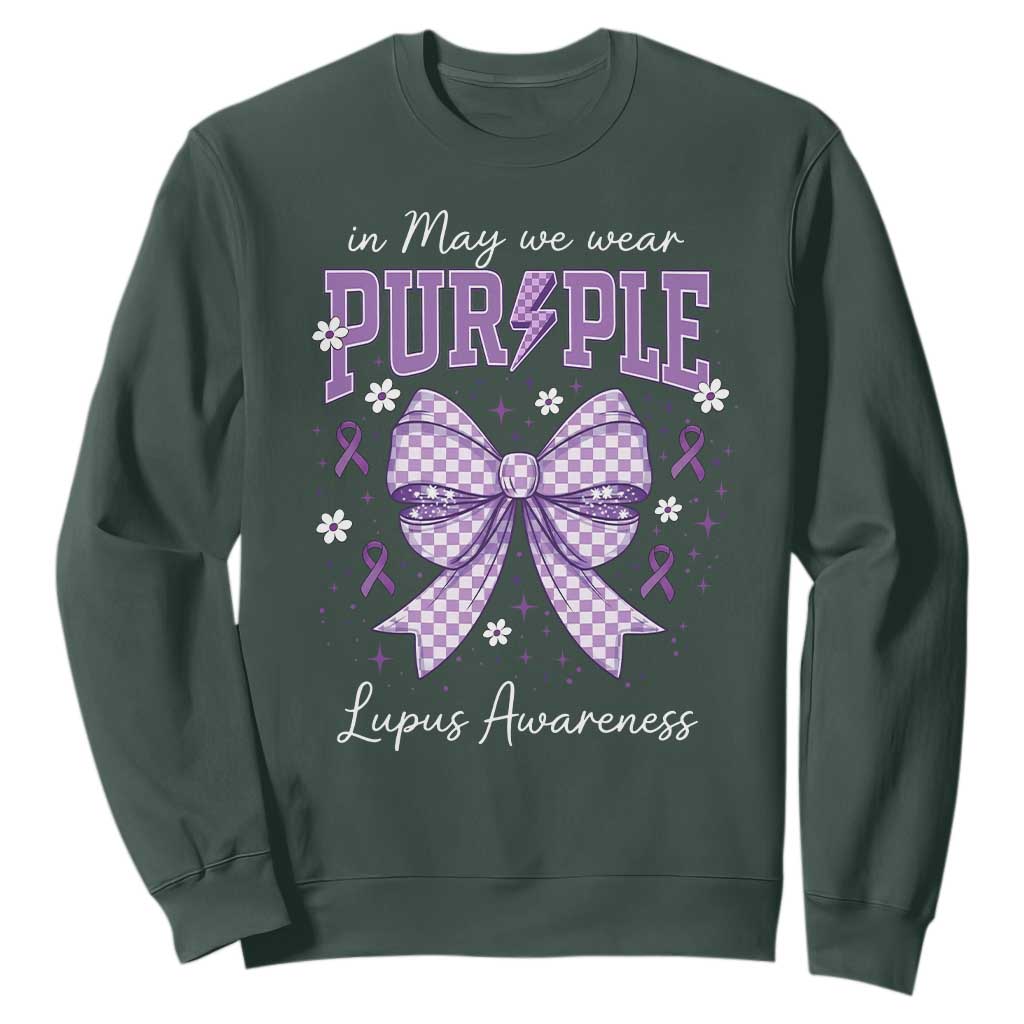 In May We Wear Purple Lupus Awareness Sweatshirt Purple Ribbon Coquette Bow TS10 Dark Forest Green Print Your Wear