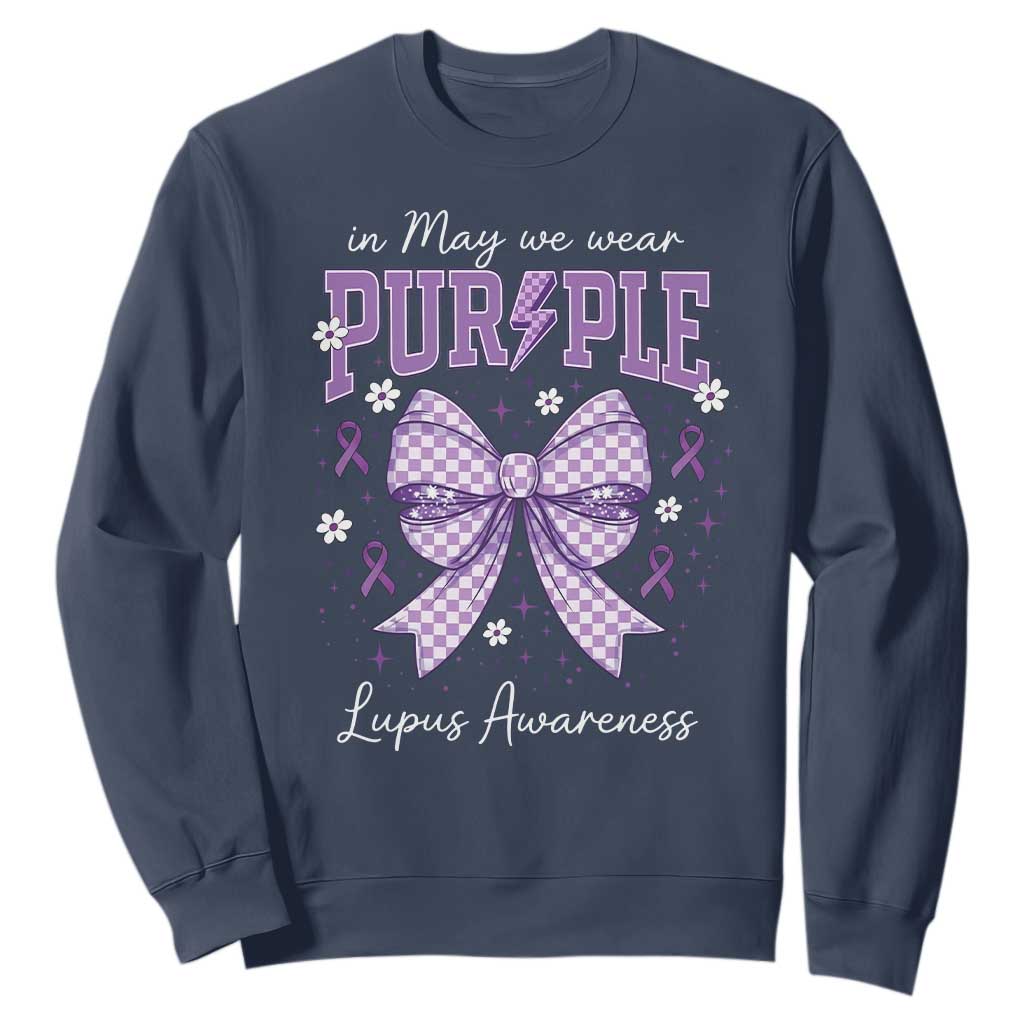 In May We Wear Purple Lupus Awareness Sweatshirt Purple Ribbon Coquette Bow TS10 Navy Print Your Wear