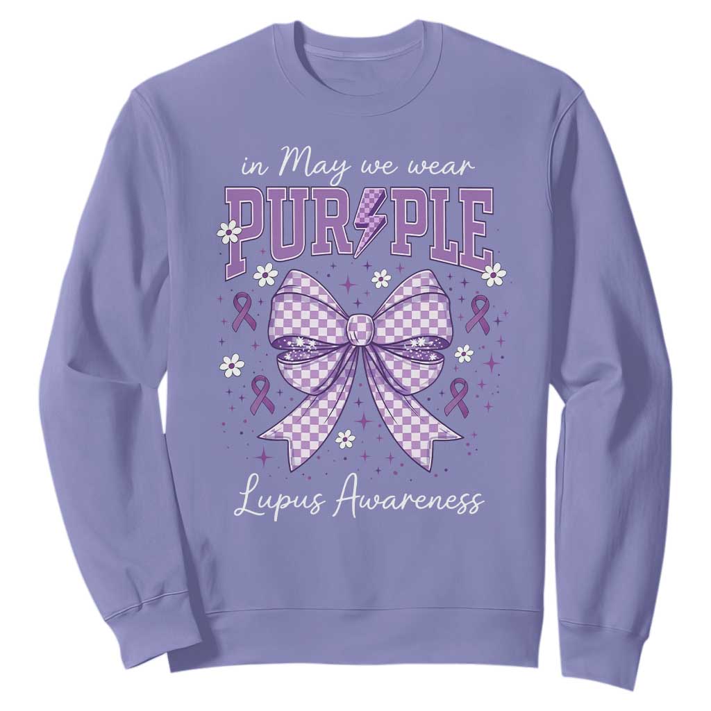In May We Wear Purple Lupus Awareness Sweatshirt Purple Ribbon Coquette Bow TS10 Violet Print Your Wear