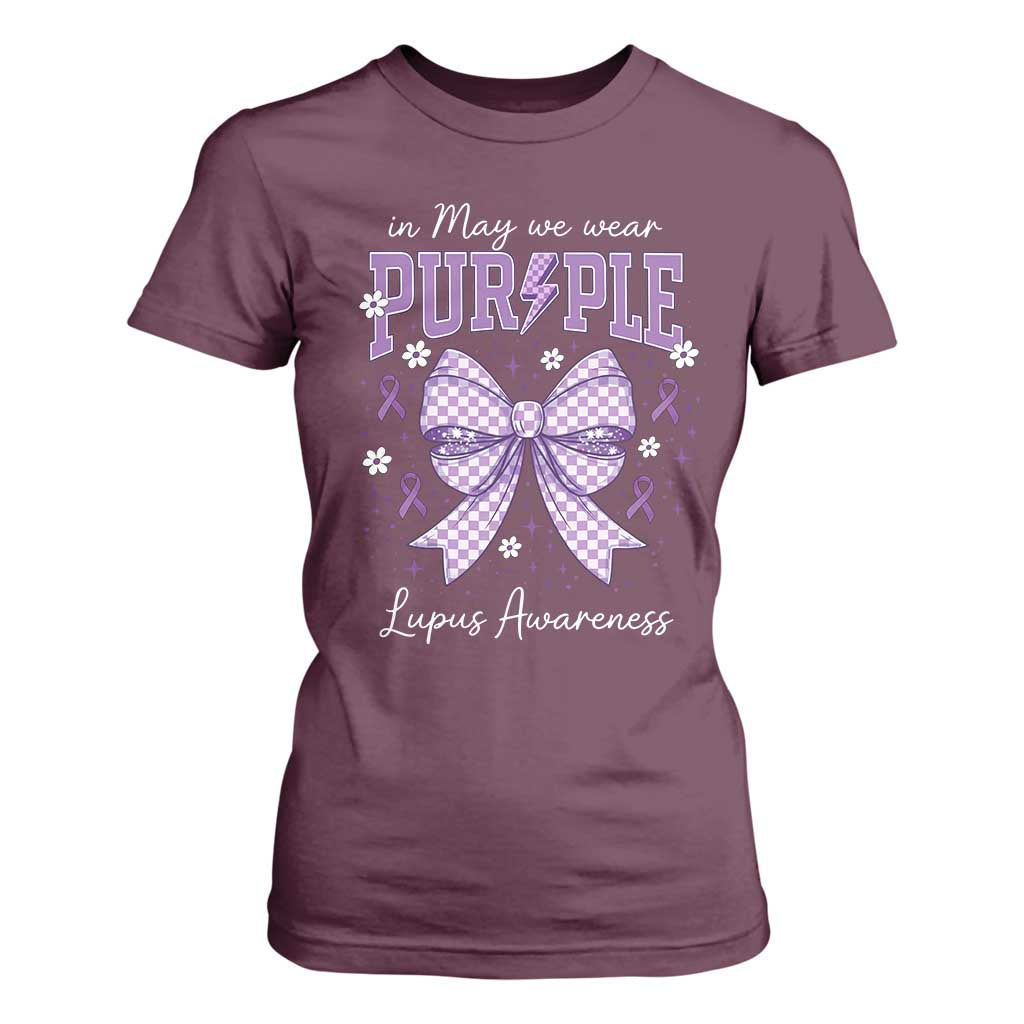 In May We Wear Purple Lupus Awareness T Shirt For Women Purple Ribbon Coquette Bow TS10 Maroon Print Your Wear