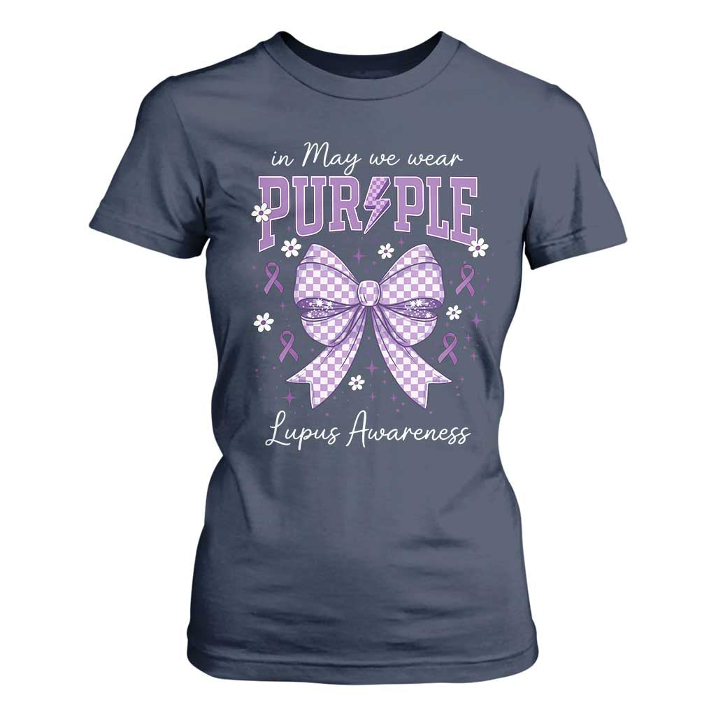 In May We Wear Purple Lupus Awareness T Shirt For Women Purple Ribbon Coquette Bow TS10 Navy Print Your Wear