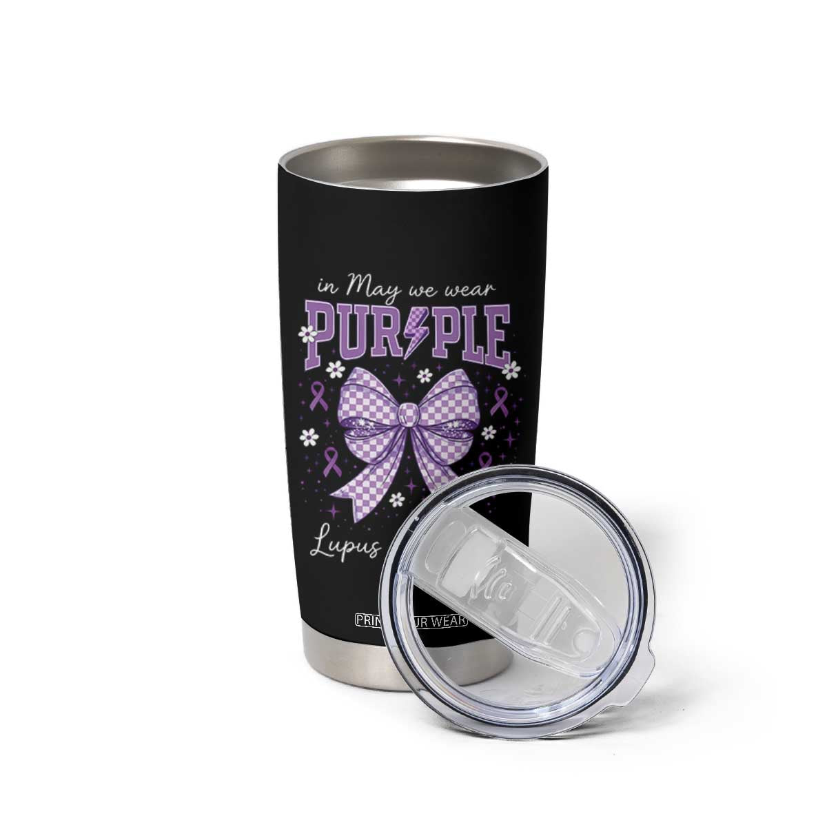 In May We Wear Purple Lupus Awareness Tumbler Cup Purple Ribbon Coquette Bow TS10 Print Your Wear