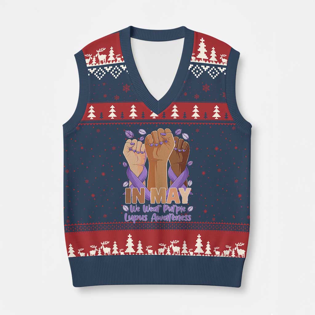 In May We Wear Purple Lupus Awareness V-Neck Knit Sweater Vest Purple Ribbon TS10 Navy Red Print Your Wear