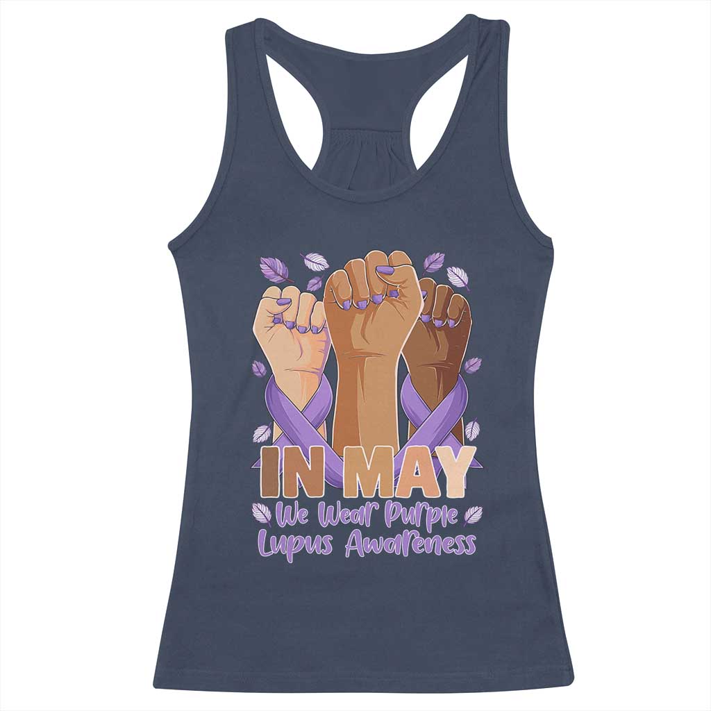 In May We Wear Purple Lupus Awareness Racerback Tank Top Purple Ribbon TS10 Navy Print Your Wear