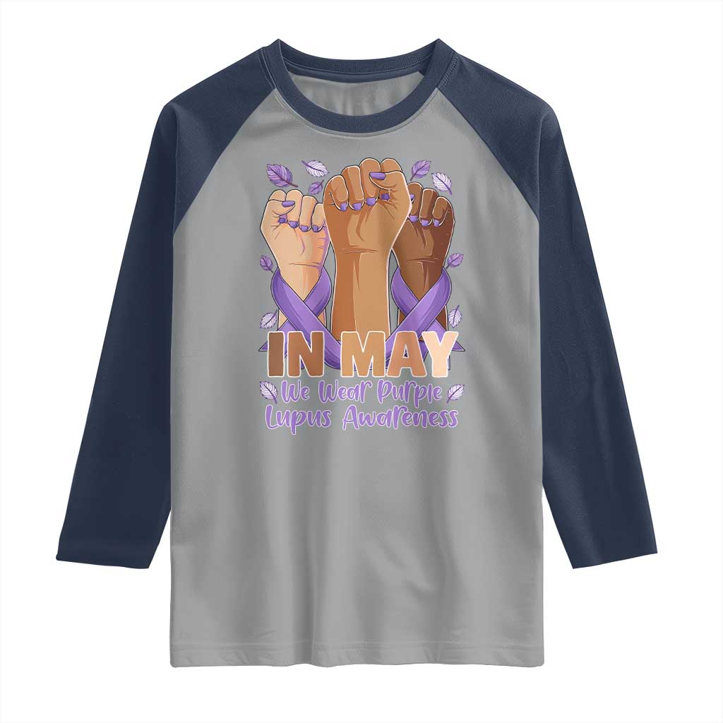 In May We Wear Purple Lupus Awareness Raglan Shirt Purple Ribbon TS10 Sport Gray Navy Print Your Wear