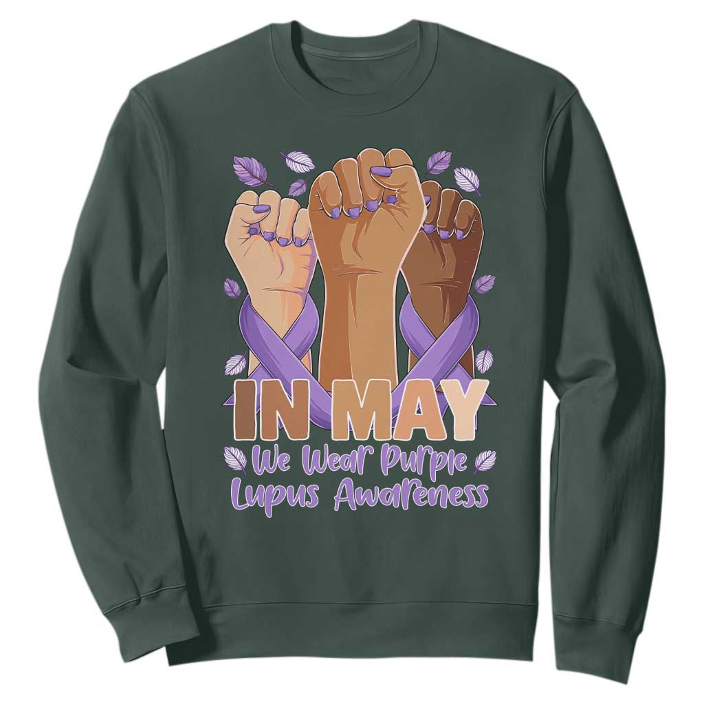 In May We Wear Purple Lupus Awareness Sweatshirt Purple Ribbon TS10 Dark Forest Green Print Your Wear
