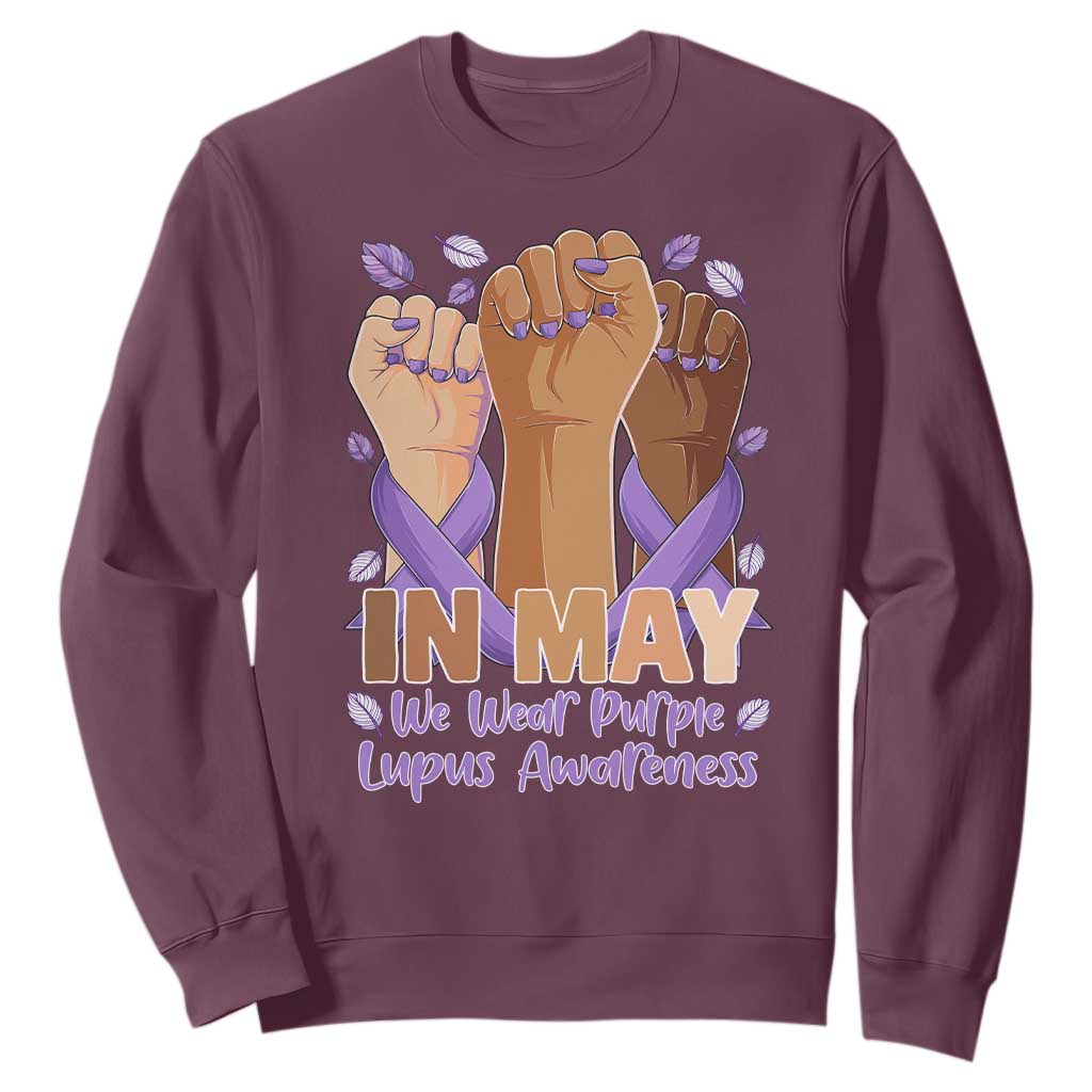 In May We Wear Purple Lupus Awareness Sweatshirt Purple Ribbon TS10 Maroon Print Your Wear