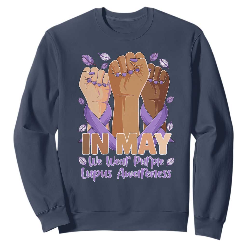 In May We Wear Purple Lupus Awareness Sweatshirt Purple Ribbon TS10 Navy Print Your Wear