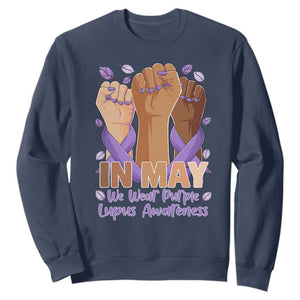 In May We Wear Purple Lupus Awareness Sweatshirt Purple Ribbon TS10 Navy Print Your Wear