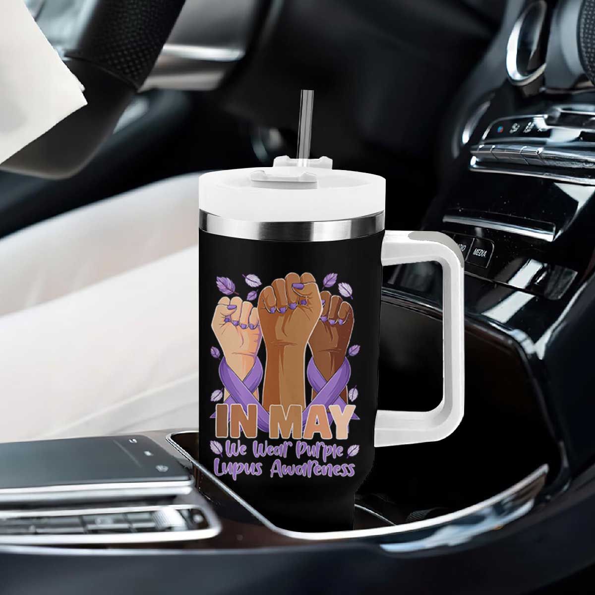 In May We Wear Purple Lupus Awareness Tumbler With Handle Purple Ribbon TS10 Print Your Wear