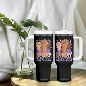 In May We Wear Purple Lupus Awareness Tumbler With Handle Purple Ribbon TS10 Print Your Wear
