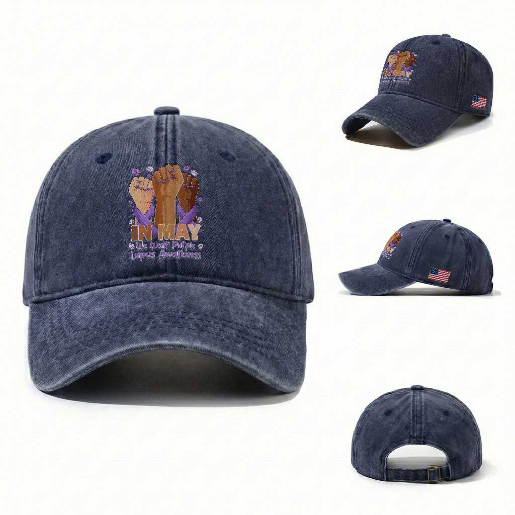 In May We Wear Purple Lupus Awareness Washed Cotton Baseball Cap Purple Ribbon TS10 Washed Cap Universal Fit Navy Print Your Wear