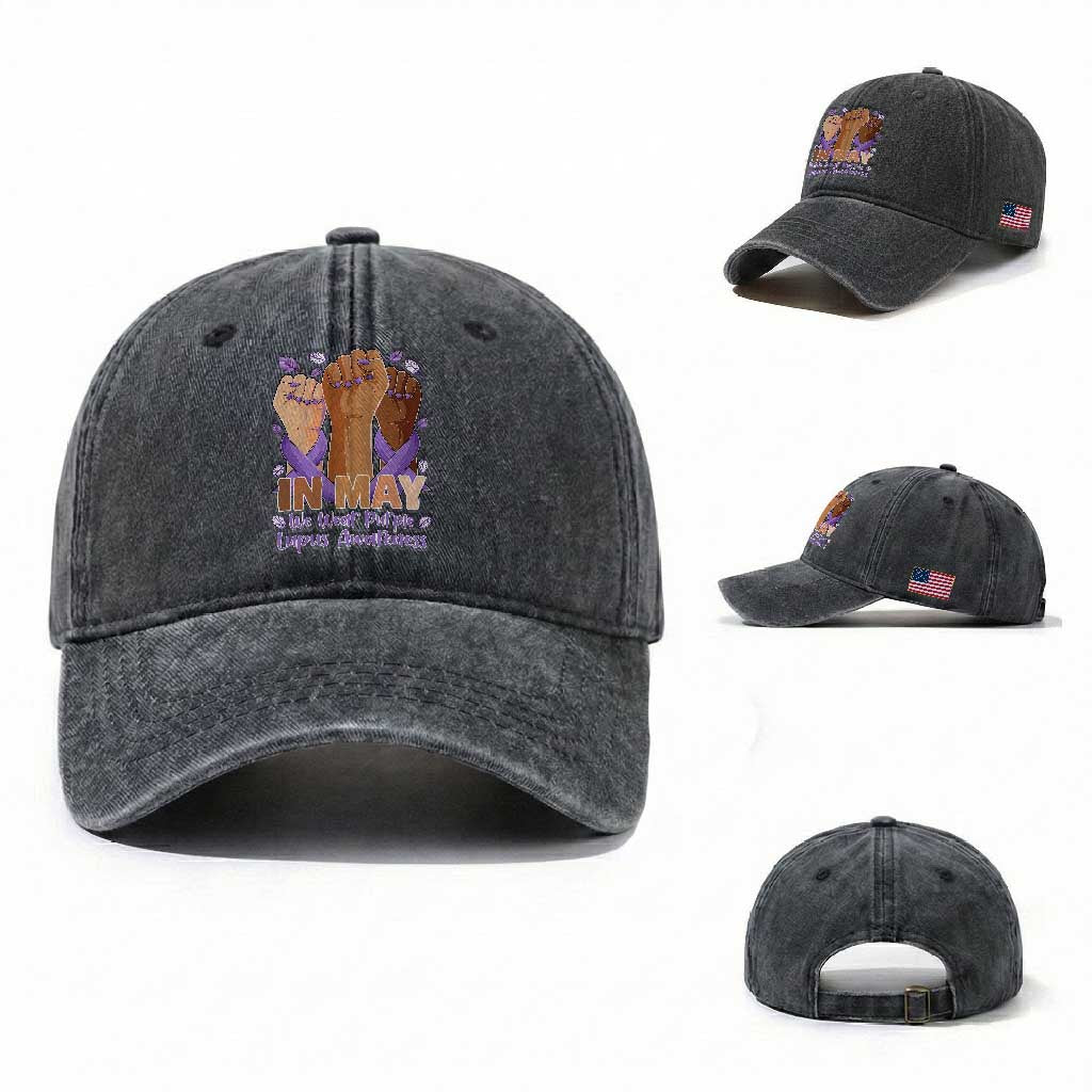 In May We Wear Purple Lupus Awareness Washed Cotton Baseball Cap Purple Ribbon TS10 Washed Cap Universal Fit Dark Gray Print Your Wear