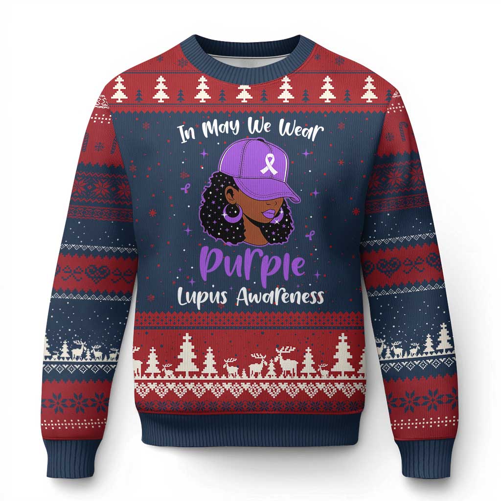 Lupus Awareness Ugly Christmas Sweater African American Black Women Fight Lupus Purple Ribbon TS10 Navy Red Print Your Wear