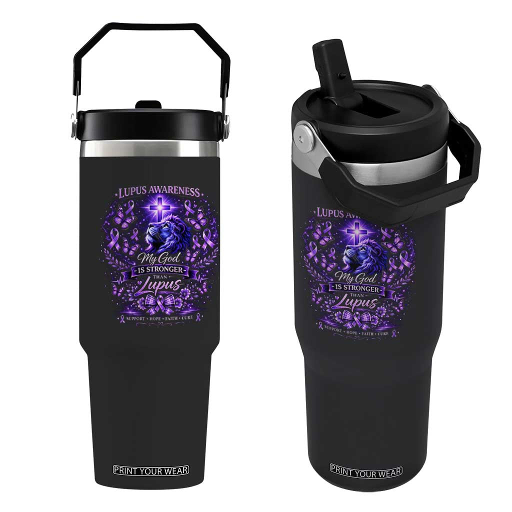 Lupus Awareness Flip Straw Tumbler Lion Purple Ribbon My God Is Stronger Than Lupus TS10 One Size: 30 oz Black Print Your Wear