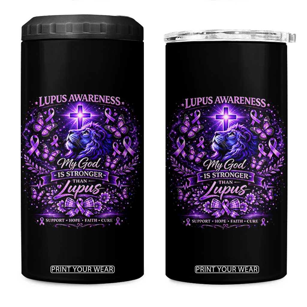 Lupus Awareness 4 in 1 Can Cooler Tumbler Lion Purple Ribbon My God Is Stronger Than Lupus TS10 One Size: 16 oz Black Print Your Wear