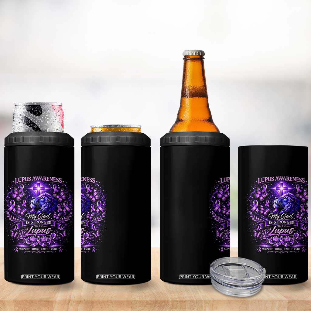 Lupus Awareness 4 in 1 Can Cooler Tumbler Lion Purple Ribbon My God Is Stronger Than Lupus TS10 Print Your Wear
