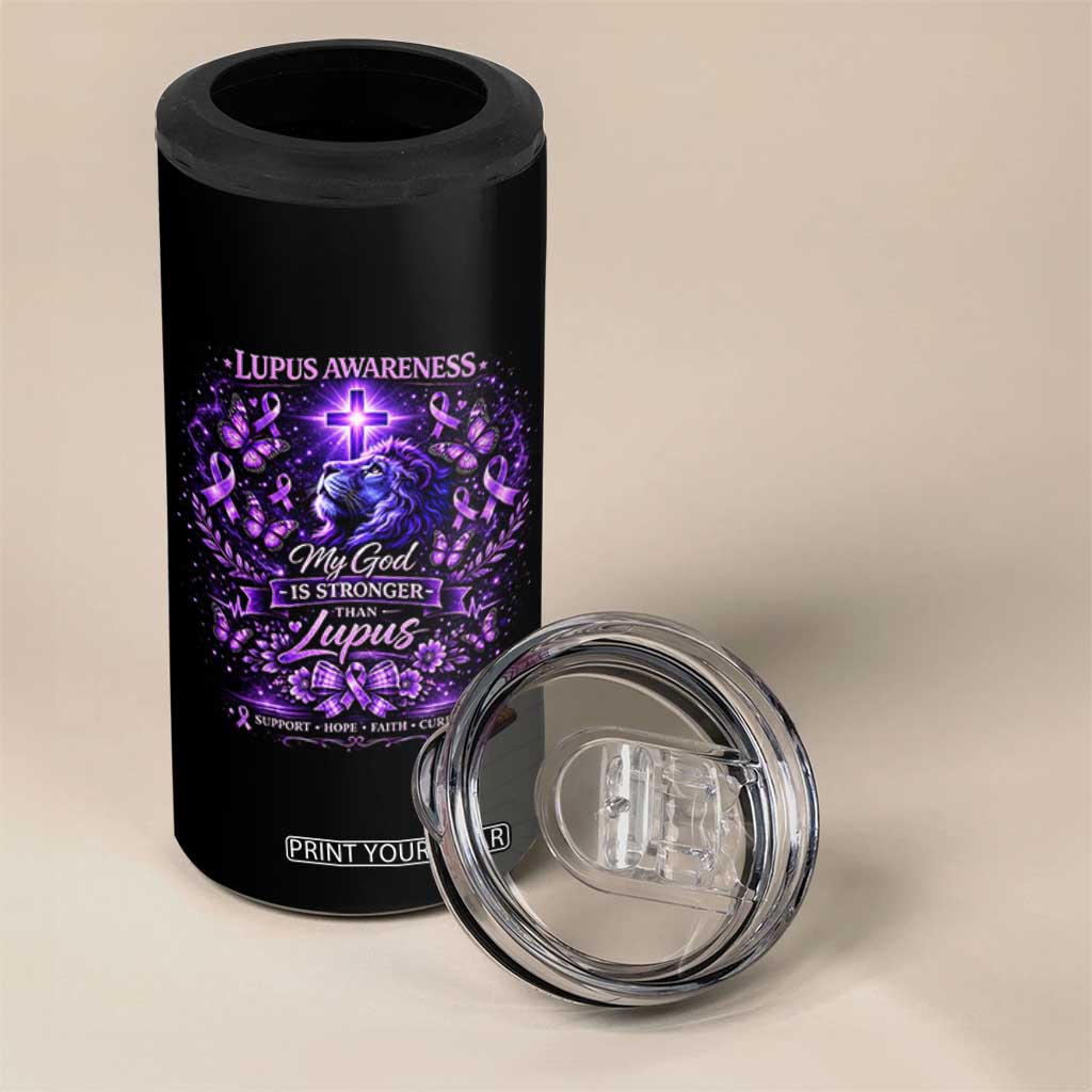 Lupus Awareness 4 in 1 Can Cooler Tumbler Lion Purple Ribbon My God Is Stronger Than Lupus TS10 Print Your Wear