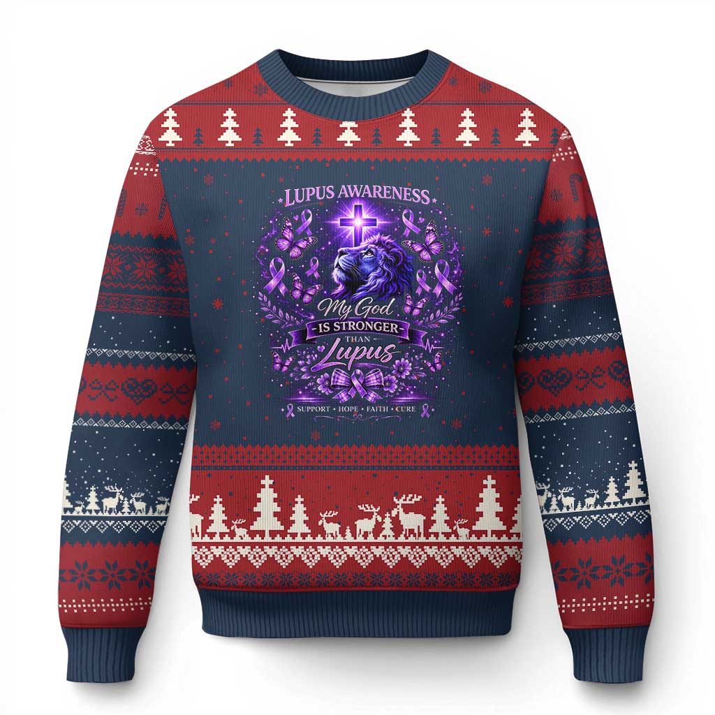 Lupus Awareness Ugly Christmas Sweater Lion Purple Ribbon My God Is Stronger Than Lupus TS10 Navy Red Print Your Wear