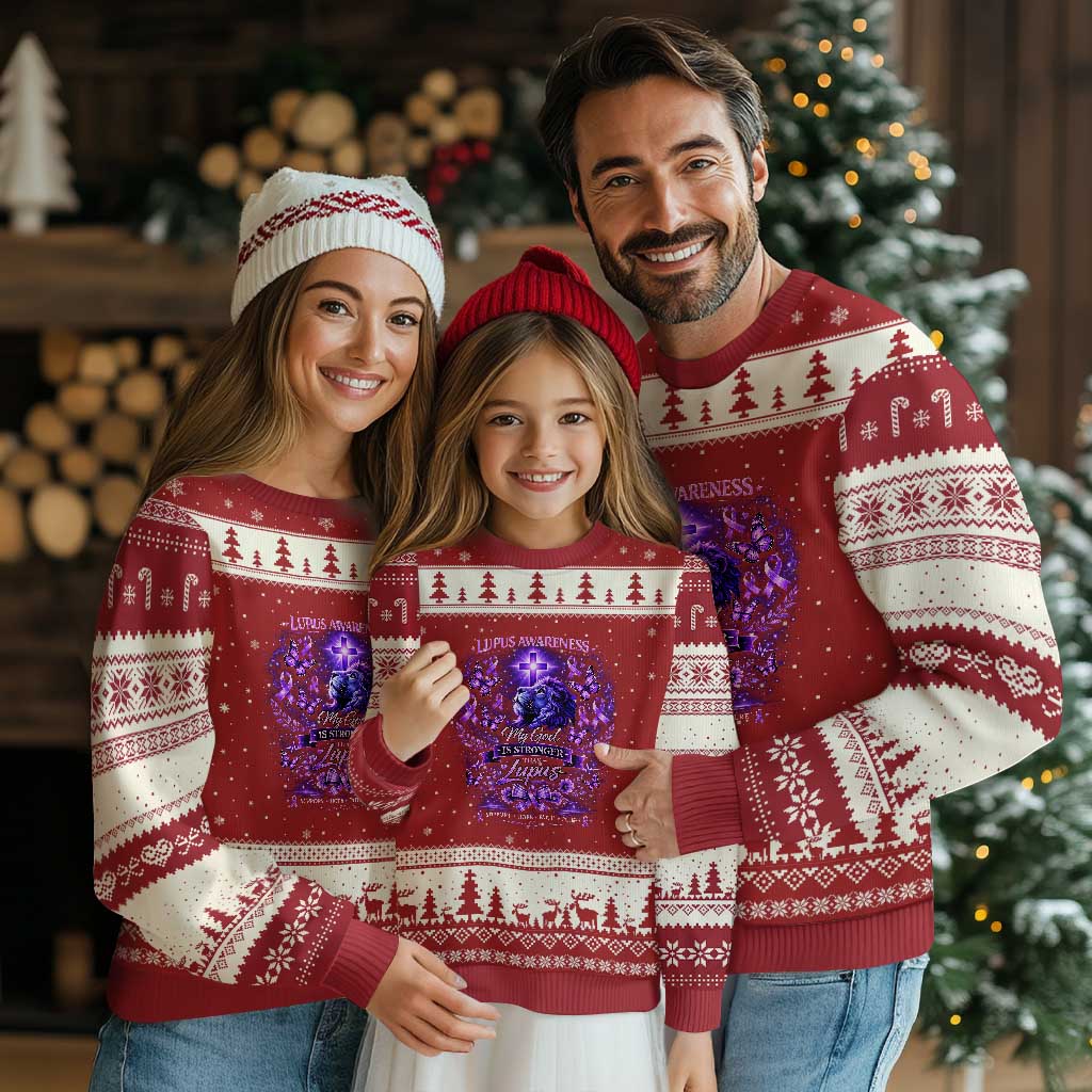 Lupus Awareness Ugly Christmas Sweater Lion Purple Ribbon My God Is Stronger Than Lupus TS10 Red Beige Print Your Wear