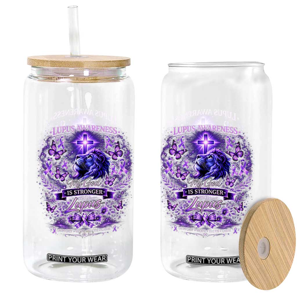 Lupus Awareness Glass Can Lion Purple Ribbon My God Is Stronger Than Lupus TS10 Print Your Wear